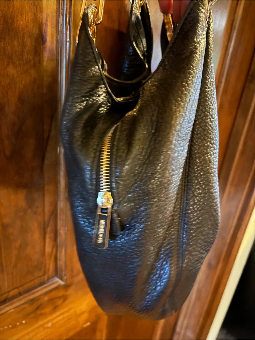 Michael Kors “Fulton” Black Pebbled Leather Hobo Bag with Gold Hardware